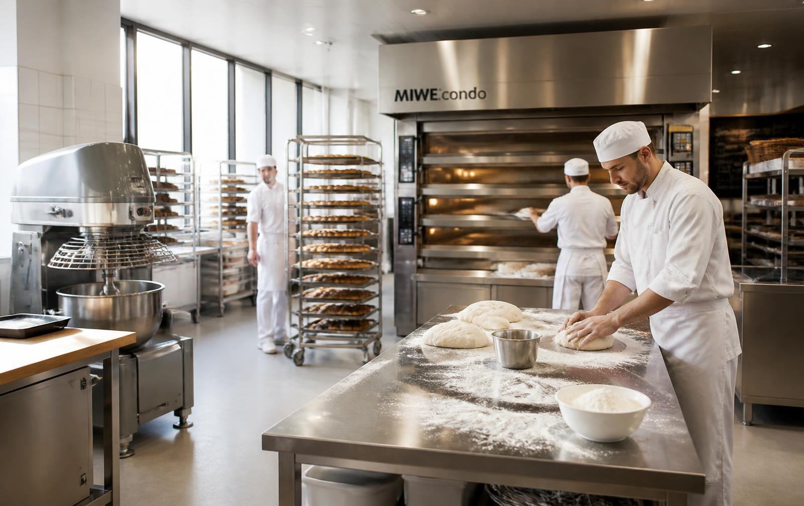 Commercial bakery fitted out with stainless benches, rack trolleys, shelving and a deck oven
